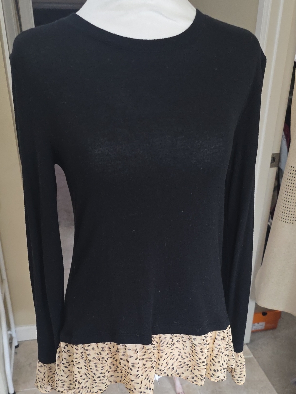 Maison Jules Black Long-Sleeve Top with Cream Printed Ruffle Hem